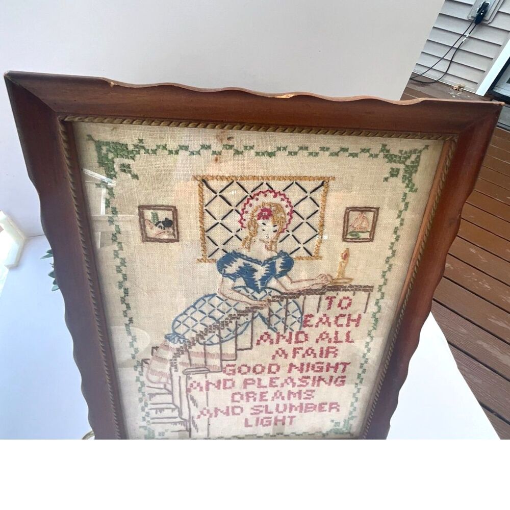 Vintage framed cross stitch sampler Victorian girl on steps; cottagecore - Picture 5 of 7